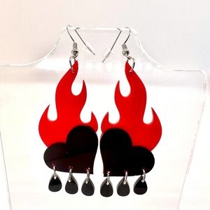Flaming Heart Earrings - 3D Earrings - Rain Drop Earrings - Halloween Earrings